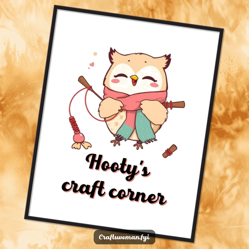 Funny poster of a cute owl character excitedly weaving a scarf with oversized knitting needles, adding whimsical art to any room.