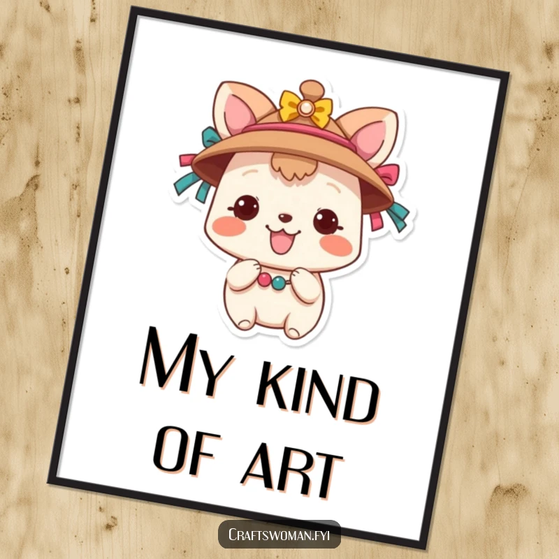 Funny Animal Hat Decorator Poster: A smiling animal character is depicted adding colorful ribbons and beads to a hat, radiating artistic joy and humor.