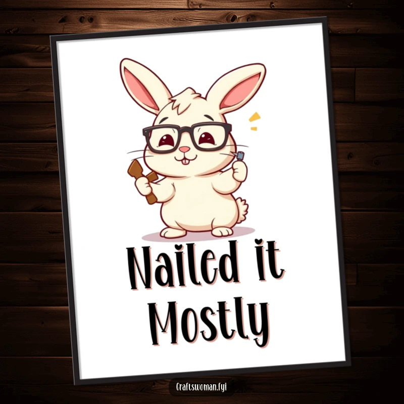 Funny Rabbit Carpenter Poster: A Perky Bunny with Askew Glasses Enthusiastically Hammering a Nail, Whimsical Wall Art.