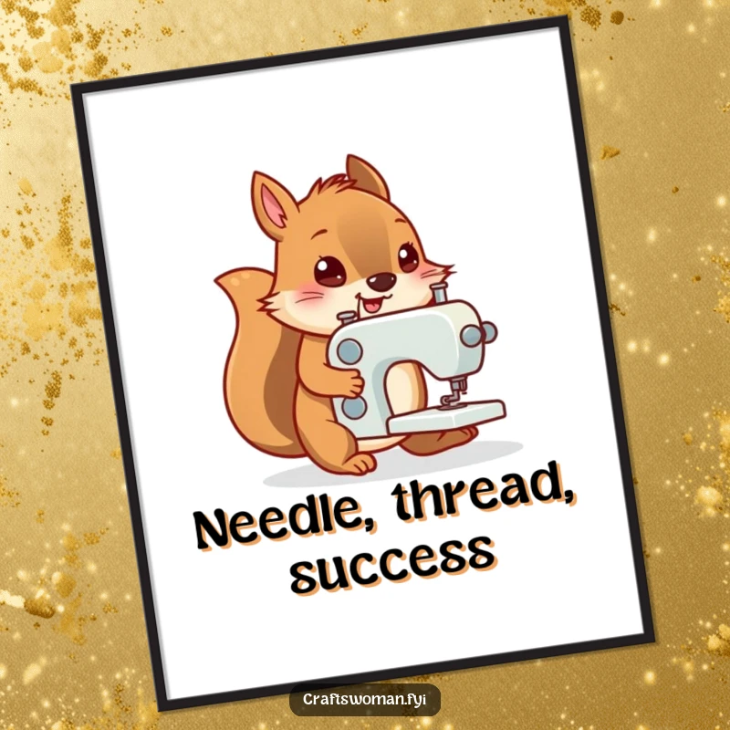 Funny poster art of a determined squirrel happily pushing a small sewing machine, inspiring creative decor.