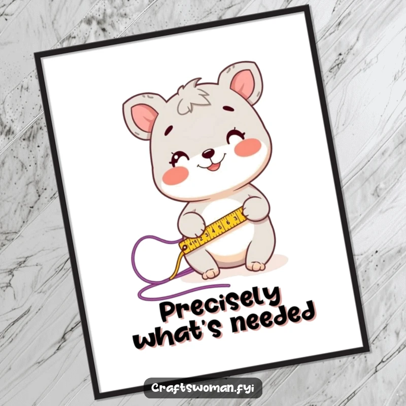 Funny art poster of a happy animal character precisely measuring a length of yarn with a measuring tape, ideal for craft spaces.