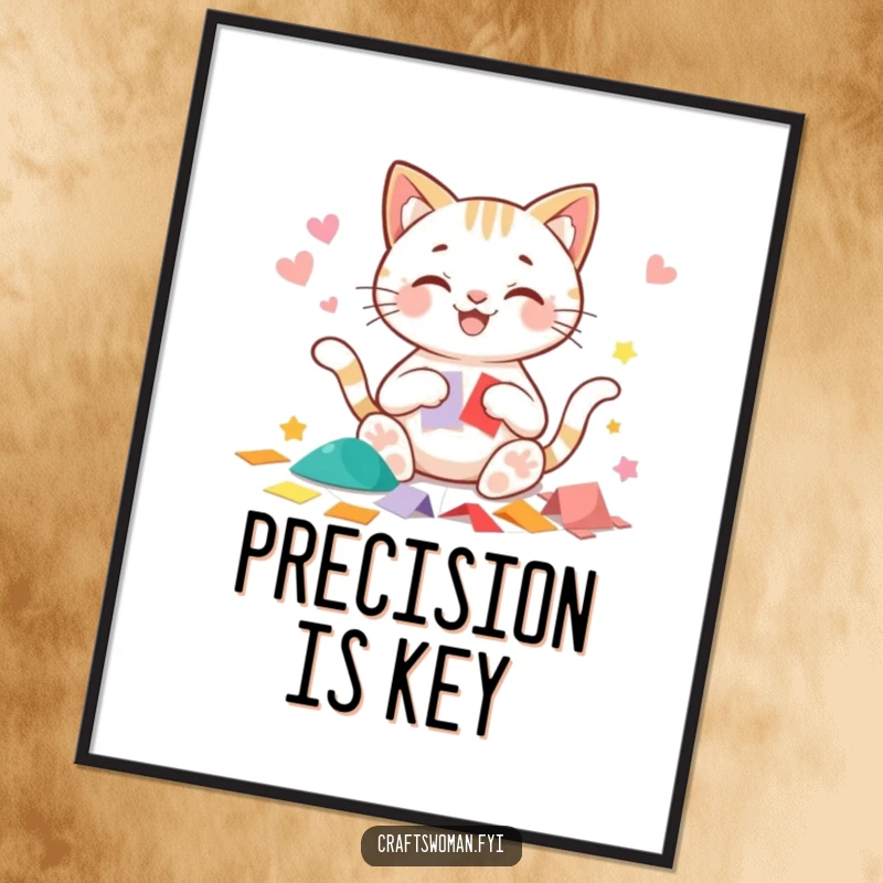 Funny cat poster showing a beaming cat character happily cutting precise shapes from colorful paper, ideal wall art.