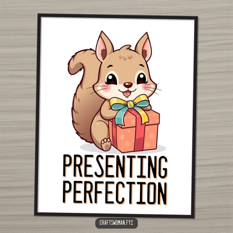 Funny squirrel gift wrapper poster, a cute squirrel excitedly wrapping a present with colorful ribbon and a bow, festive and humorous wall art.