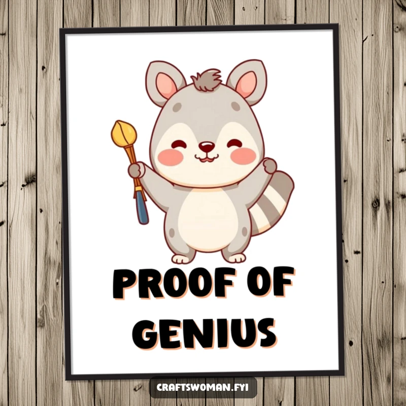 Funny art poster of a cheerful animal character holding up a colorful, finished craft with an expression of pure pride.