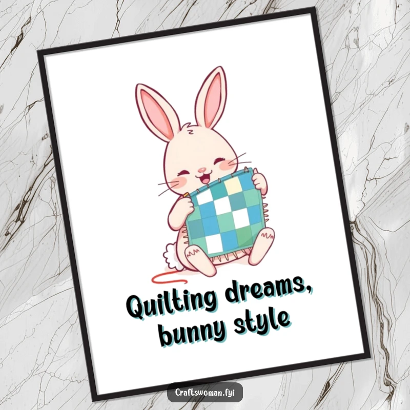 Funny poster of a joyful rabbit character diligently stitching a tiny patchwork quilt, adding whimsical art to any room.