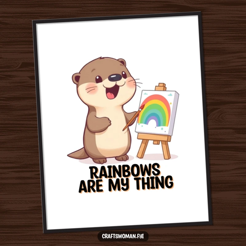 Funny otter poster showing a happy otter enthusiastically painting a vibrant rainbow on a canvas, adding artistic flair.