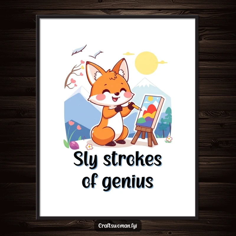 Funny poster of a happy fox character enthusiastically painting a colorful landscape, adding vibrant and humorous art to any room.