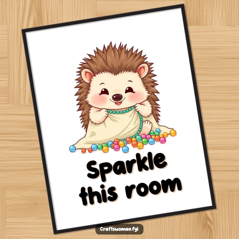 Funny hedgehog poster showcasing a cheerful hedgehog carefully arranging sparkling beads onto a piece of cloth, intricate and charming.