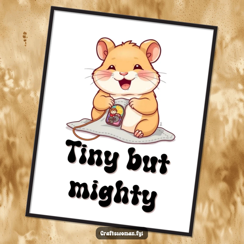 Funny Poster showcasing a joyful hamster sewing a tiny, colorful patch onto a small garment with care.