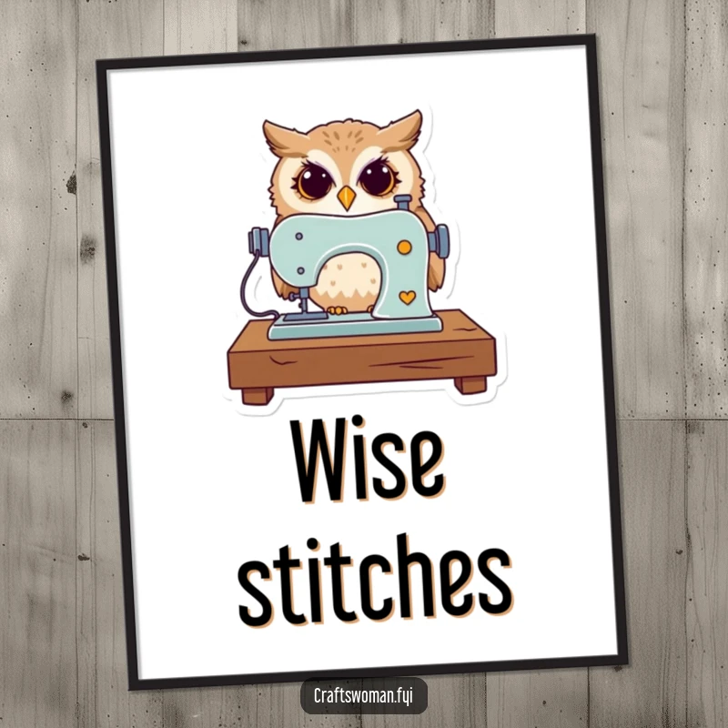 Funny poster art of a curious owl expertly operating a miniature sewing machine, adding a touch of wisdom.