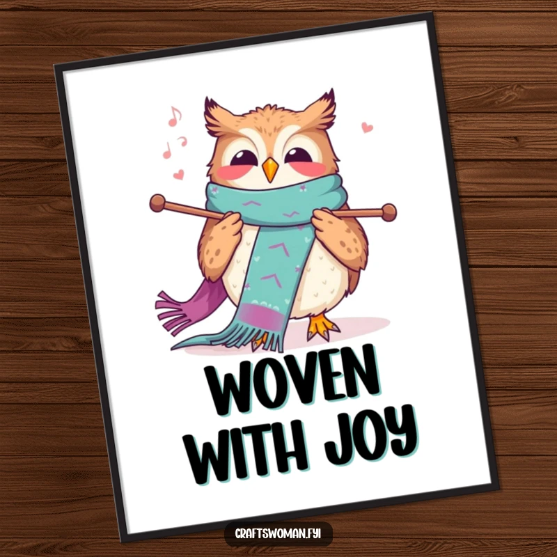 Funny knitting owl poster showing a joyful owl happily knitting a long, colorful scarf with large needles, perfect for decor.