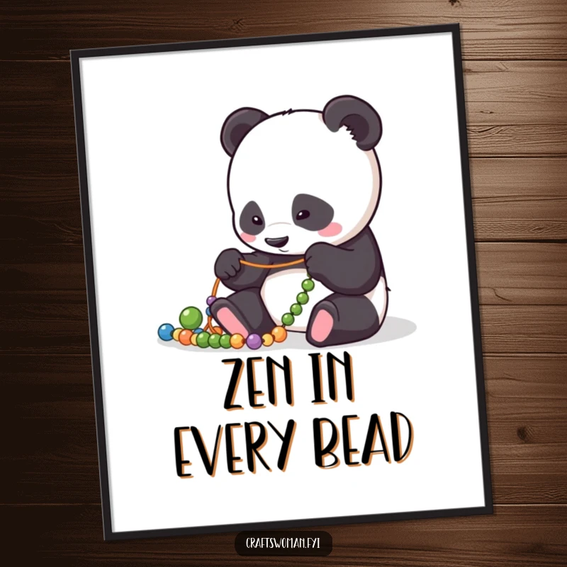 Funny Poster: Focused panda character meticulously arranging beads on a string, creating a piece of art.