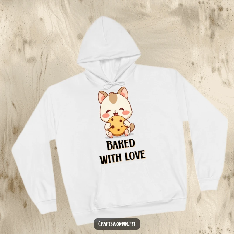 Funny Baked Goods Hoodie: A joyful animal character admires a freshly baked cookie with its happy little hands, radiating warmth and satisfaction.
