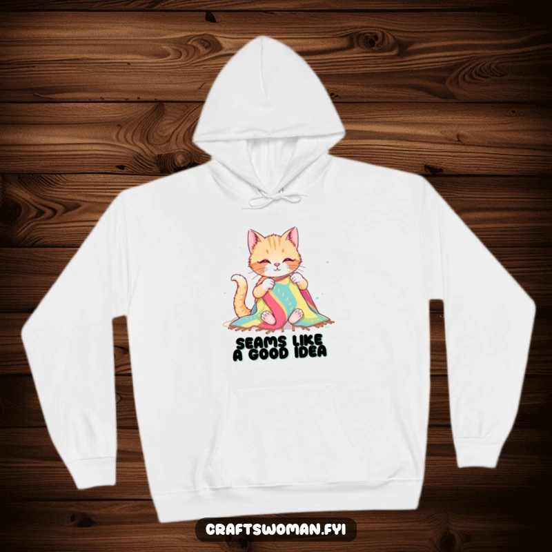 Funny hoodie featuring a happy cat diligently sewing a colorful, large fabric piece with big needles, perfect for cozy crafting sessions.