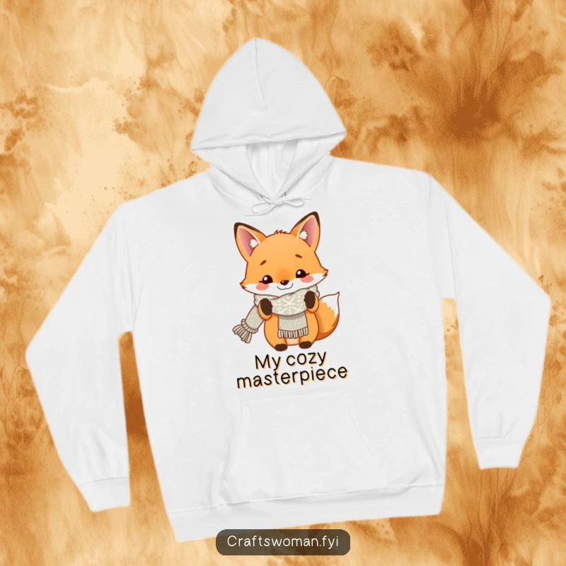 Funny hoodie with a smiling fox proudly displaying a brand new knitted scarf, perfect for cozy knitting sessions.