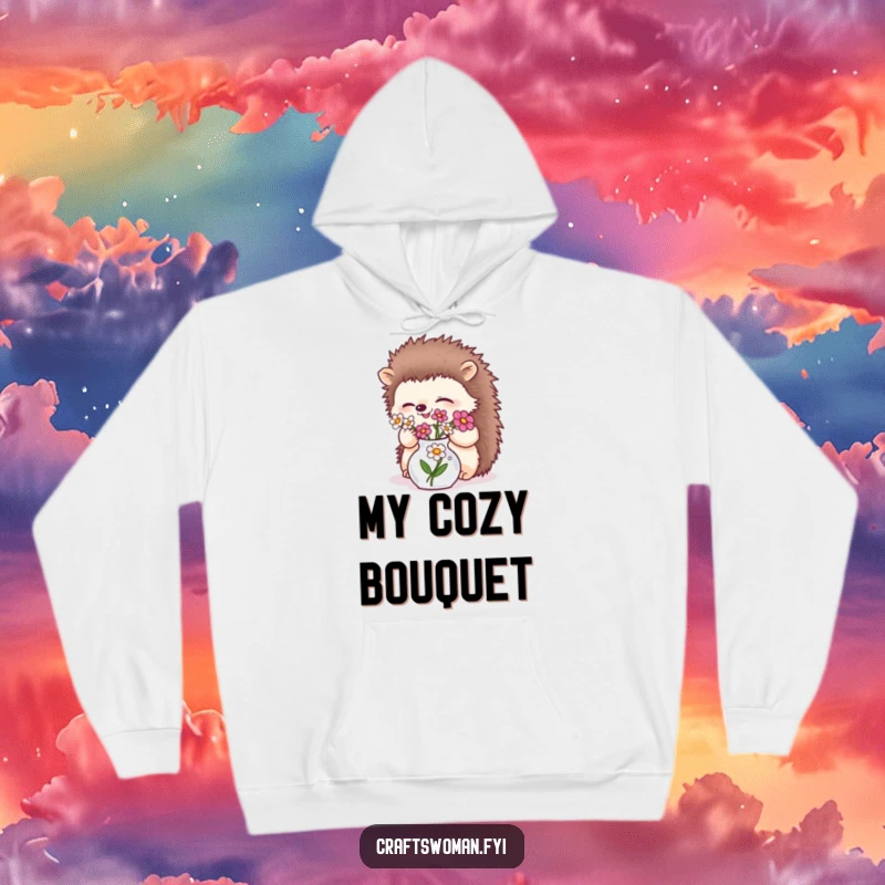 Funny giggling hedgehog arranging flowers in a tiny vase on a cozy hoodie, perfect for nature lovers.