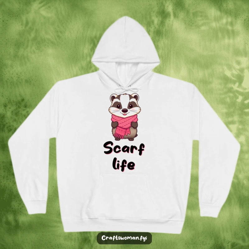 Funny hoodie featuring a happy badger proudly displaying a knitted scarf, perfect for cozy knitting sessions.