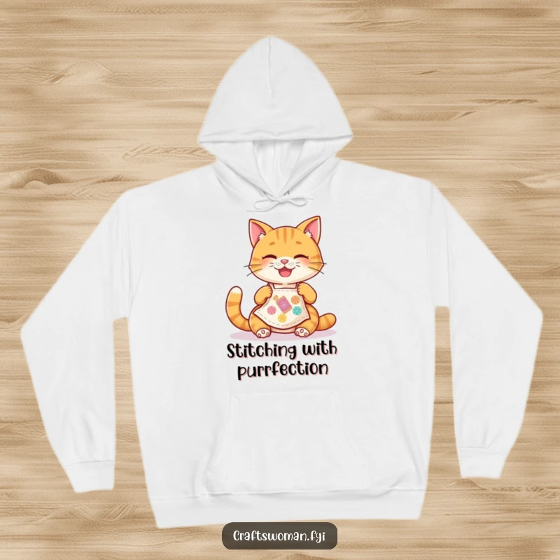 Funny Cat Hoodie: A happy cat wearing a tiny apron joyfully stitches a colorful patch, embodying cheerful crafting.
