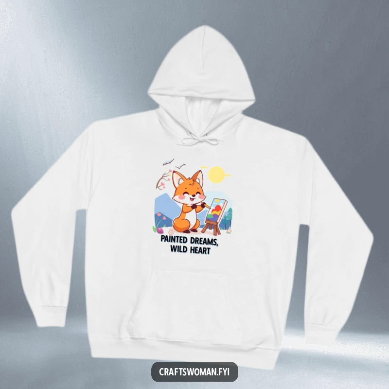 Funny hoodie showing a happy fox character enthusiastically painting a colorful landscape, a cozy and humorous gift for artists.