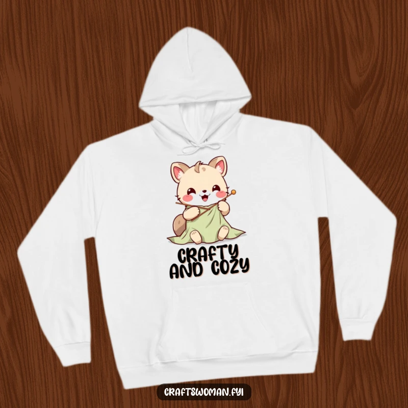 Cute Kawaii animal character stitching vibrant fabric with a large needle, designed on a warm and cozy hoodie.