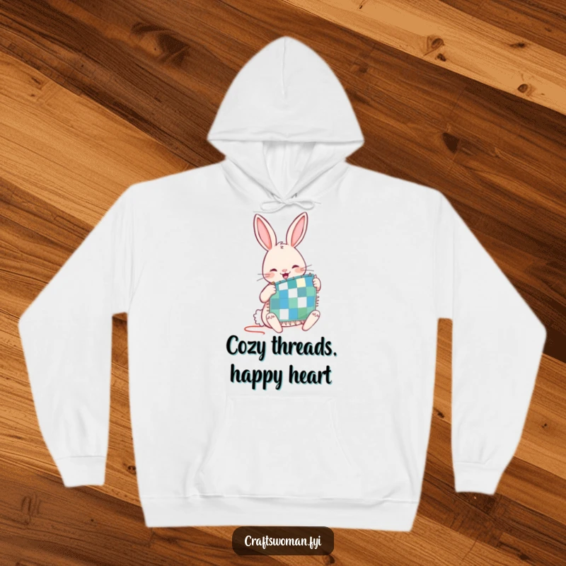 Funny hoodie showing a joyful rabbit character diligently stitching a tiny patchwork quilt, a cozy and humorous gift for crafters.
