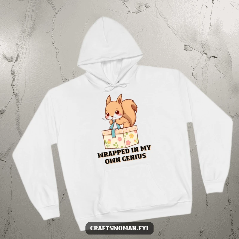 Funny hoodie depicting a diligent squirrel tying a ribbon onto a festive, decorated gift box, embodying creative effort and holiday cheer.