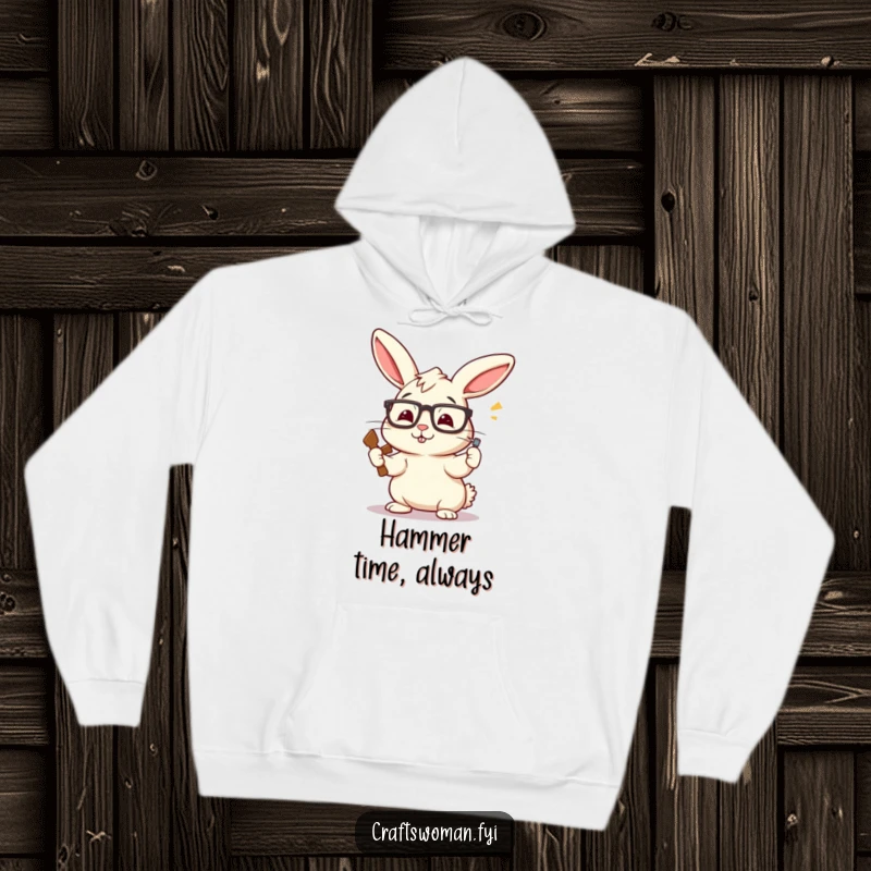 Funny Bunny DIY Hoodie: A Perky Rabbit with Askew Glasses Enthusiastically Hammering a Nail, Comfy and Hilarious.