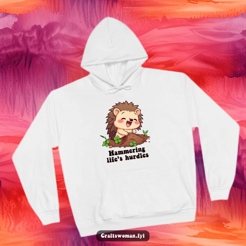 Funny hoodie showing a delighted hedgehog character enthusiastically hammering a tiny nail, a cozy and humorous gift for builders.