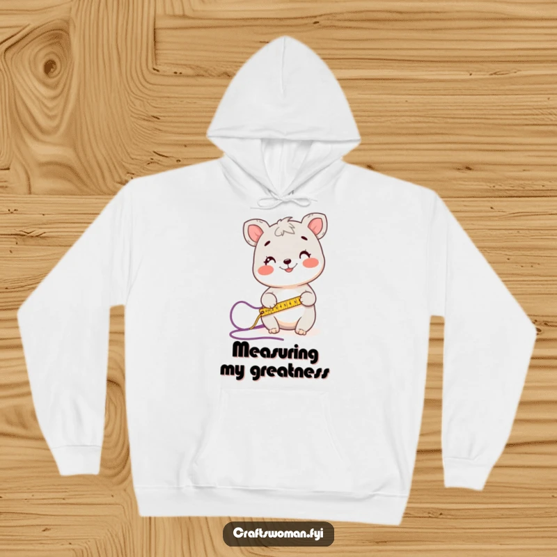 Funny hoodie featuring a happy animal character measuring a length of yarn with a measuring tape, ideal for fiber artists.