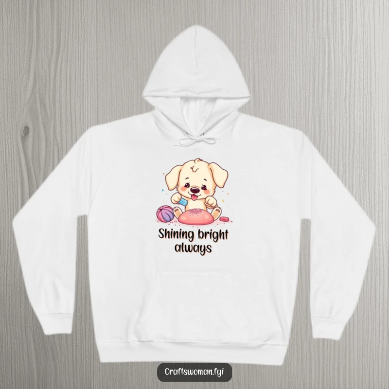 Funny puppy hoodie showing a playful puppy excitedly adding glitter to a vibrant craft creation, perfect for cozy crafting.