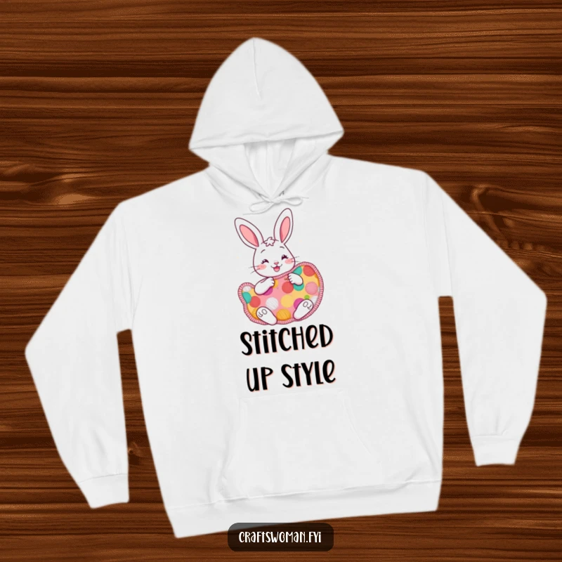 Funny cheerful bunny hoodie depicting a bunny enthusiastically sewing a large, colorful patch, designed for ultimate comfort and creative sessions.