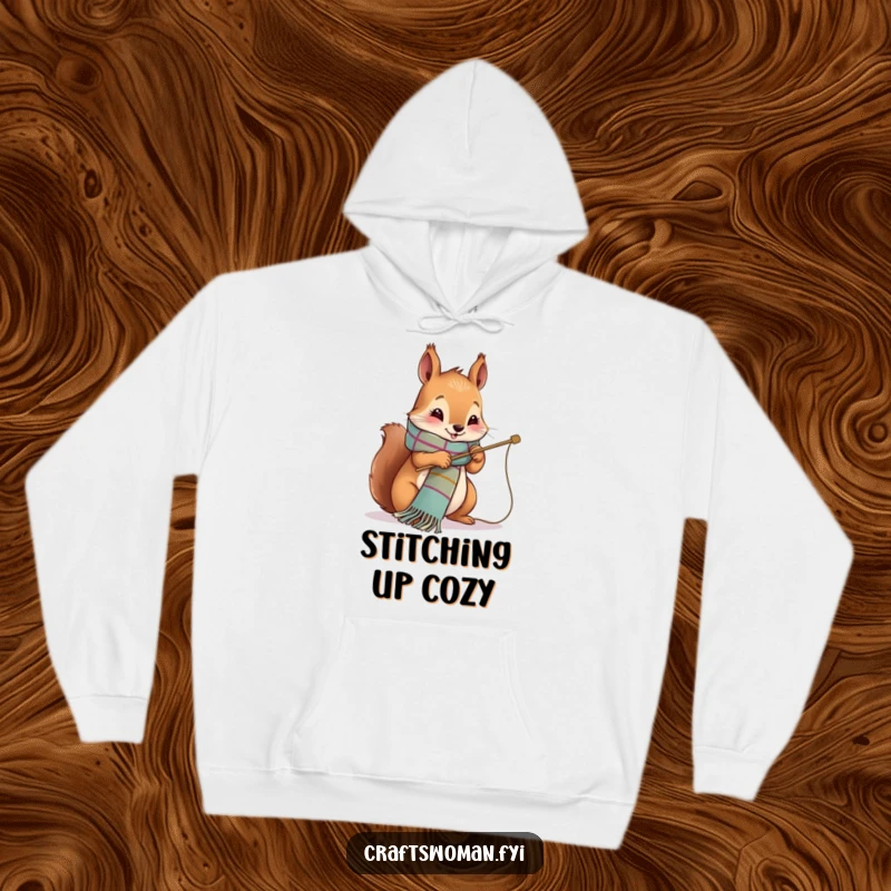 Funny Hoodie with a cute squirrel happily stitching a vibrant scarf on a large needle, perfect for cozy vibes.