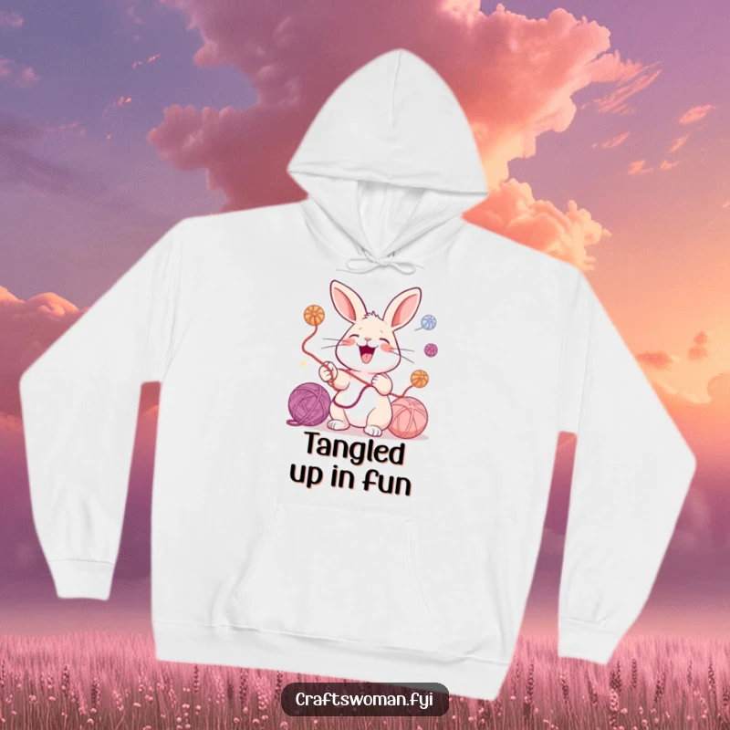 Funny hoodie featuring a laughing rabbit juggling colorful yarn balls, perfect for cozy crafting sessions and spreading cheerful humor.