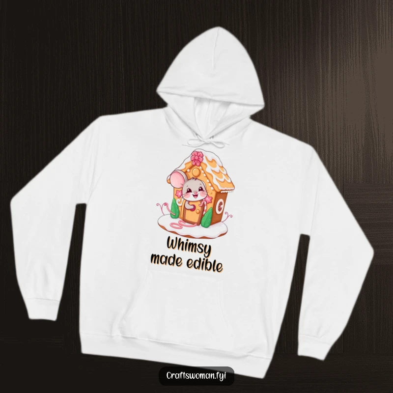 Funny mouse hoodie showing a giggling character decorating a whimsical gingerbread house, perfect for cozy holiday cheer.