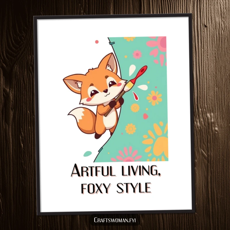 Funny Free Printable Wall Art: Determined fox enthusiastically painting a vibrant, abstract pattern onto fabric, bold and artistic.