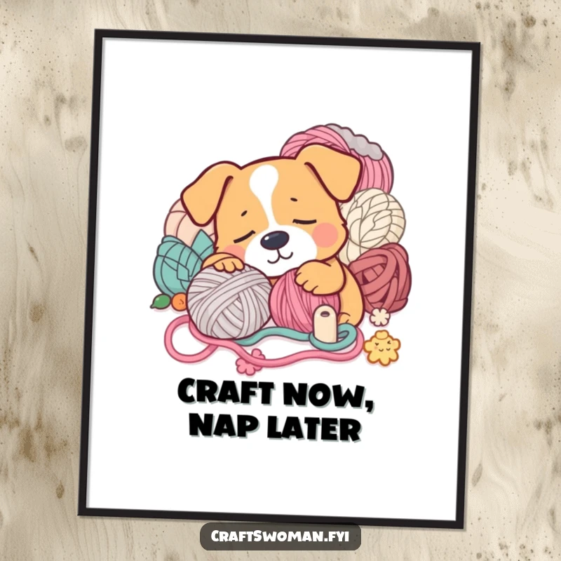 Funny Free Printable Wall Art: A dog naps with yarn and crafts, offering a humorous and cozy artistic statement.