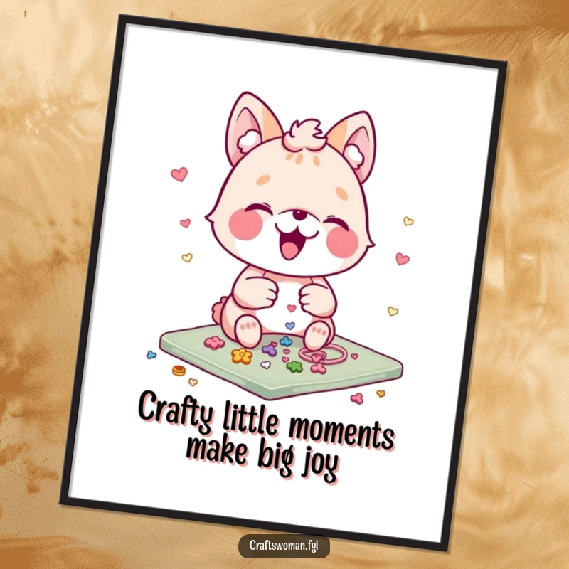 Funny Free Printable Wall Art: An animal character gleefully arranges tiny, colorful embellishments on a craft project, embodying pure creative joy.