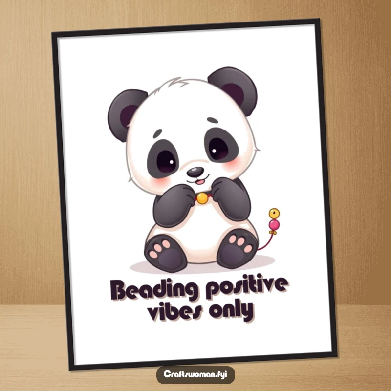 Funny Free Printable Wall Art: Playful panda carefully placing beads onto a string, creating a beautiful pattern.