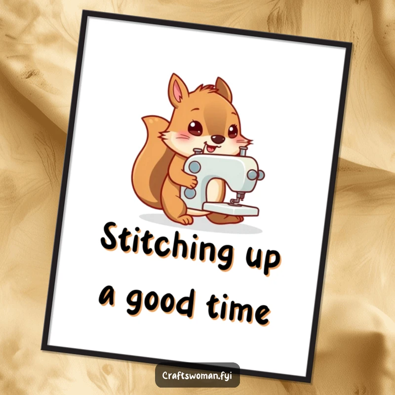 Funny Free Printable Wall Art: Determined squirrel cheerfully pushing a tiny sewing machine, embodying industrious creativity.