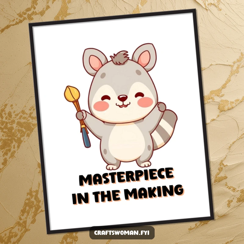 Funny Free Printable Wall Art: A cheerful animal character proudly holds up a colorful, finished craft with a big smile.