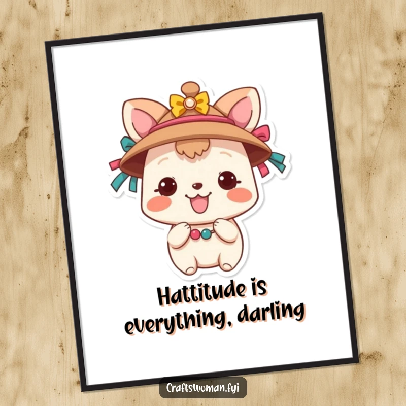 Funny Free Printable Wall Art: A smiling animal character is busy decorating a vibrant hat with colorful ribbons and beads, radiating happiness.
