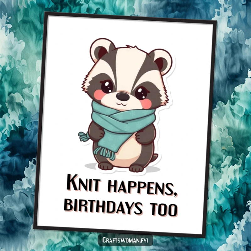 Funny Free Printable Wall Art: A whimsical badger proudly displays a slightly lopsided, handmade knitted scarf.