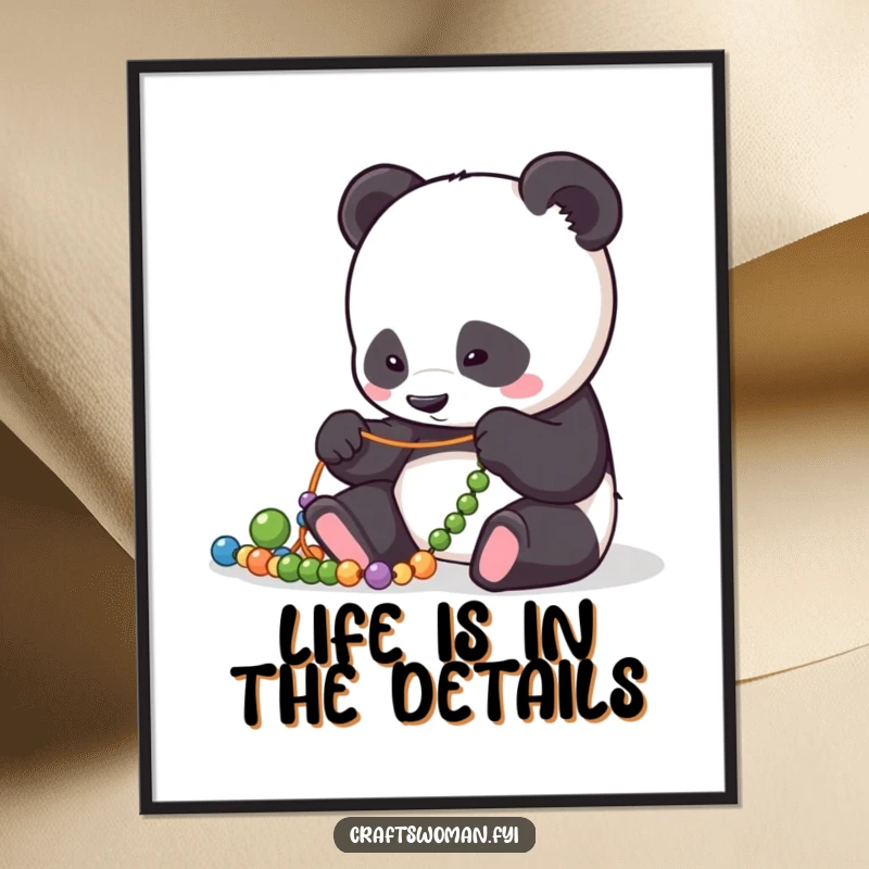 Funny Free Printable Panda Wall Art: Patient panda meticulously arranging colorful beads on a string, a calming and artistic statement piece.