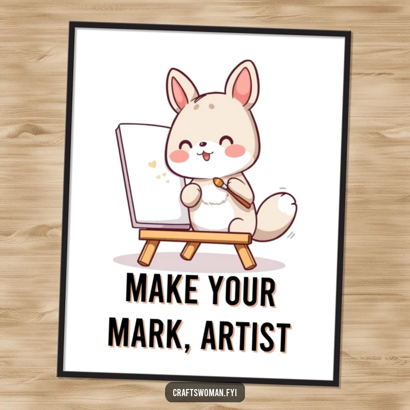 Funny Free Printable Wall Art: An animal character enthusiastically paints a small canvas with a tiny brush, adding charming art.