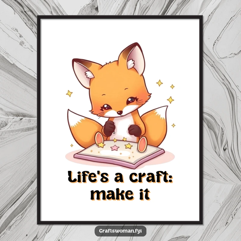 Funny Free Printable Wall Art: A playful fox meticulously gluing glittering stars onto a craft project, great for decor.