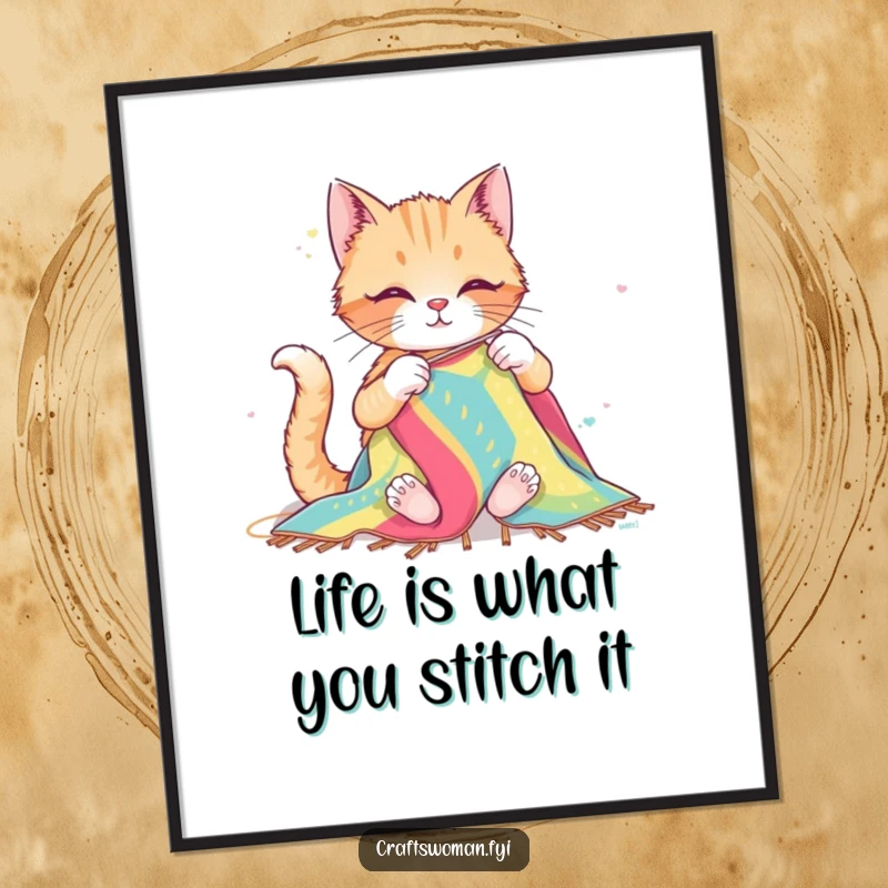 Funny Free Printable Wall Art: A cute cat sits happily, sewing a giant, colorful piece of fabric with large, clumsy needles.