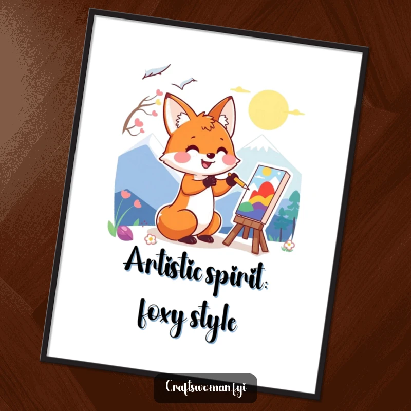 Funny Free Printable Fox Wall Art: A happy fox energetically painting a colorful landscape, DIY decor.