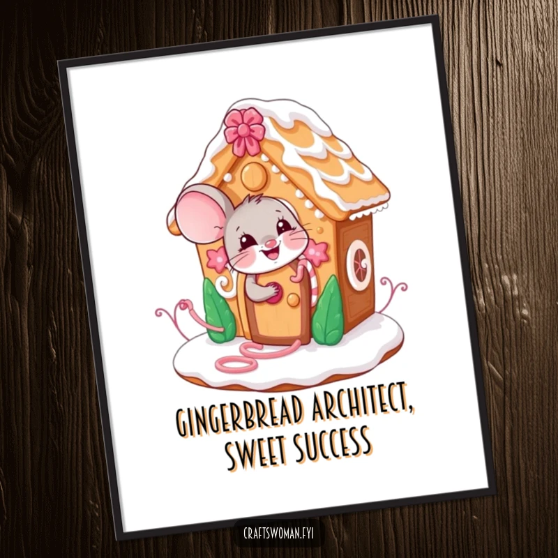 Funny Free Printable Wall Art: A giggling mouse meticulously decorates a fantastical gingerbread house with colorful frosting and candy.