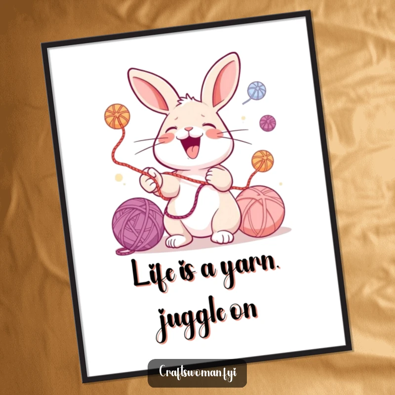 Funny Free Printable Wall Art: A rabbit with a big smile is enthusiastically juggling colorful balls of yarn, creating a lively scene.