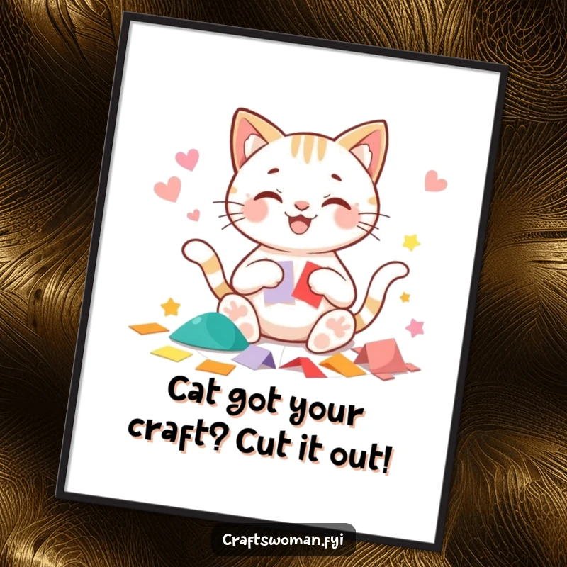 Funny Free Printable Wall Art: A beaming cat character happily cutting precise shapes from colorful paper with artistic skill.